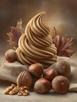 Creamy Hazelnut Swirl with Autumn Leaves and Nuts. A delicious autumnal still life composition. photo