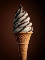 Delicious Vanilla Ice Cream Cone with Chocolate Drizzle. A close up photo of a creamy vanilla ice cream cone topped with a rich chocolate sauce.