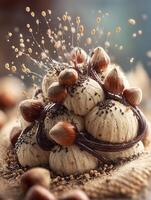 Hazelnut Ice Cream Explosion A Delicious Close Up of Creamy Scoops, Chocolate Drizzle, and Toasted Hazelnuts. photo
