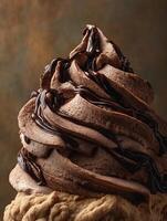 Close Up of Chocolate Ice Cream with Chocolate Sauce. A decadent dessert image featuring swirls of rich chocolate ice cream drizzled with a thick chocolate topping. photo