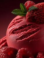 Close up of a Scoop of Raspberry Ice Cream with Fresh Raspberries and Strawberry. photo
