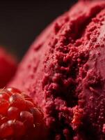 Close Up of Raspberry Sorbet with Fresh Raspberries. A detailed image showing the texture and color of homemade raspberry sorbet. photo