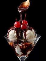 Decadent Ice Cream Sundae with Chocolate Sauce and Cherries. A close up image of a delicious dessert. photo