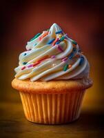 Delicious Cupcake with Swirled Frosting and Colorful Sprinkles. A close up image of a single cupcake. photo