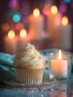 Delicious Birthday Cupcake with Sprinkles and Warm Candlelight. A delightful close up of a vanilla cupcake topped with creamy frosting and colorful sprinkles, illuminated by the soft glow of candles. photo