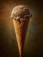 Delicious Chocolate Ice Cream Scoop in a Waffle Cone. A close up image of a single serving of chocolate ice cream. photo