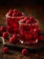 Refreshing Raspberry Cocktails with Sugar Rim, Close Up. Two glasses filled with an iced raspberry drink, garnished with fresh raspberries and a sugared rim. photo
