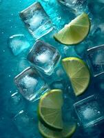 Refreshing Lime Slices and Ice Cubes on Teal Background. A close up image perfect for summer drinks and beverage advertising. photo