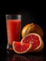 Refreshing Grapefruit Juice with Sliced Grapefruit on Dark Background. A close up image of a glass of chilled grapefruit juice and juicy grapefruit slices. photo