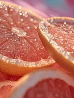 Close Up of Juicy Grapefruit Slices with Water Droplets. A vibrant image perfect for food blogs, magazines, or advertising. photo