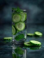 Refreshing Cucumber and Mint Water in Glass, Close Up. A vibrant image perfect for showcasing healthy hydration. photo