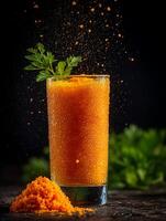 Refreshing Carrot Juice in a Glass with Parsley Garnish and Carrot Pulp. A vibrant image perfect for healthy lifestyle and food blogs. photo