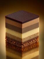 Layered Chocolate Dessert Cube A Close Up of Delicious Confectionery. photo