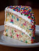 A Delicious Slice of Funfetti Cake with Creamy Frosting and Colorful Sprinkles. photo