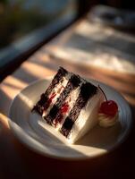 Delicious Slice of Black Forest Cake with Cherry Garnish, Illuminated by Sunlight. photo