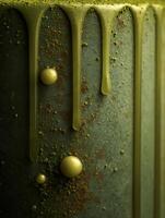 Abstract Close Up of Dripping Green Glaze on Textured Surface. photo