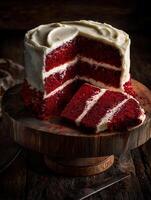 Delicious Red Velvet Cake with Cream Cheese Frosting, A Piece Cut Out. photo