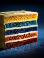 Close up of a vibrant layered cake with multicolored sponge and white frosting. photo