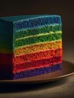 A Close Up of a Delicious Rainbow Cake Slice. Layers of vibrant color and texture are beautifully displayed. photo
