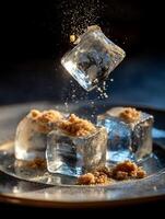 Ice Cubes with Brown Sugar Falling and Landing on a Plate. photo