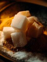 Close up of Sugar Cubes on a Dark Surface with Spices. A Detailed Macro Photograph of Granulated Sugar and Aromatic Spices. photo