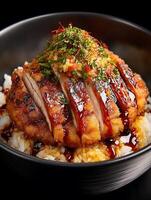 Delicious Katsudon Close Up of Crispy Pork Cutlet on Rice with Glaze. photo
