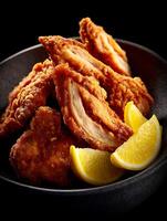Crispy Fried Chicken Karaage with Lemon Wedges in a Dark Bowl. A close up image of delicious Japanese fried chicken. photo