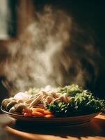 Steaming Bowl of Fresh Vegetables and Chicken, Illuminated by Warm Sunlight. photo
