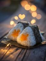 Delicious Onigiri Rice Balls with Egg Yolk Filling, Illuminated by Warm Lights. photo