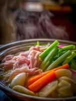 Close Up of Steaming Chicken Broth with Carrots, Celery, and Onions. photo