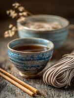 Close up of soba noodles, a bowl of broth, and chopsticks on rustic wood. photo