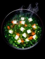 Steaming Bowl of Tofu Soup with Green Onions and Carrots. A top down view of a delicious and healthy Japanese soup. photo