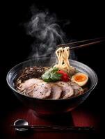 Steaming Bowl of Ramen Noodles with Chashu Pork and Soft Boiled Egg. A close up image of delicious Japanese ramen. photo
