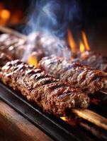 Close up of Delicious Grilled Kebabs on Wooden Skewers over an Open Flame. photo