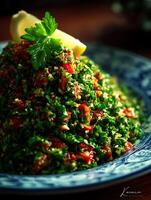 Close up of Tabbouleh Salad, a vibrant Middle Eastern dish. photo