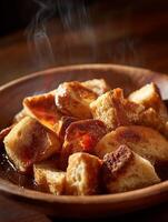 Golden Brown Bread Pudding with Warm Syrup in Rustic Bowl. photo