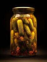A Glass Jar Filled with Pickled Cucumbers and Dill, Illuminated from Within. photo