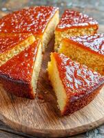 Delicious Sticky Toffee Pudding Cake Slices on Wooden Board. A close up image showing detail of the cake's texture and glossy topping. photo