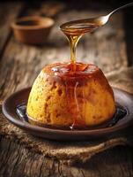 Golden Syrup Pudding A Close Up of Delicious Dessert with Honey Glaze. photo
