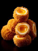 Close up of a Stack of Crispy Fried Quail Eggs with Golden Yolks. photo