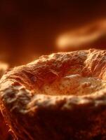 Close up of a golden brown Yorkshire pudding, showing texture and detail. photo