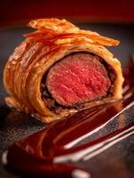 Close Up of Beef Wellington Sliced Open, Showing Tender Meat and Flaky Pastry. photo