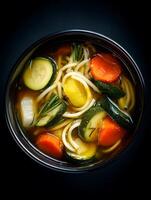 Overhead View of a Bowl of Delicious Vegetable Soup with Pasta. photo