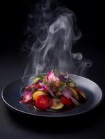 Steaming Warm Vegetable Salad on a Dark Plate. A close up image of a vibrant and colorful salad with steam rising. photo