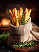Rosemary Breadsticks in a Burlap Sack A Rustic Food Photography Image. photo