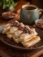 Delicious Tiramisu Dessert with Coffee Beans Close Up. A delectable image perfect for food blogs, magazines, and culinary websites. photo