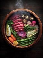 Steaming Beef and Vegetable Broth in a Wooden Bowl A Culinary Delight. photo