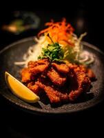 Close up of Crispy Fried Chicken with Lemon and Vegetables on a Dark Plate. photo