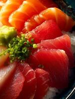 Close Up of Fresh Sashimi on Rice. A vibrant image showcasing the rich colors and textures of various types of raw fish. photo