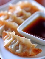 Close Up of Pan Fried Dumplings with Soy Sauce. A delicious Asian cuisine dish. photo
